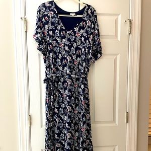 Women's J.Jill Navy Floral Print Dress Tied Sash Waist V-neck